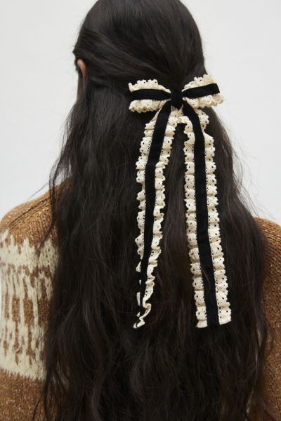 URBAN OUTFITTERS VELVET & LACE LONG HAIR BOW BARRETTE IN BLACK, WOMEN'S AT URBAN OUTFITTERS 