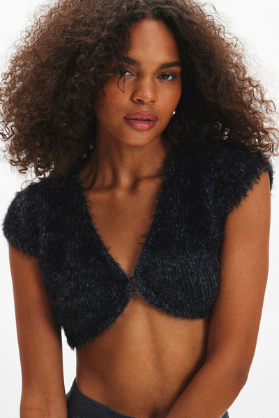 Kimchi Blue Ava Cropped Cap Sleeve Cardigan In Grey, Women's At Urban Outfitters In Black
