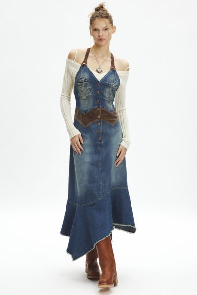 elk rittra denim dress Ecote Ayanna Drop Waist Denim Maxi Dress