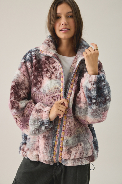 BDG Mae Printed Piled Fleece Zip-Up Jacket in Grey Pink, Women's at Urban Outfitters