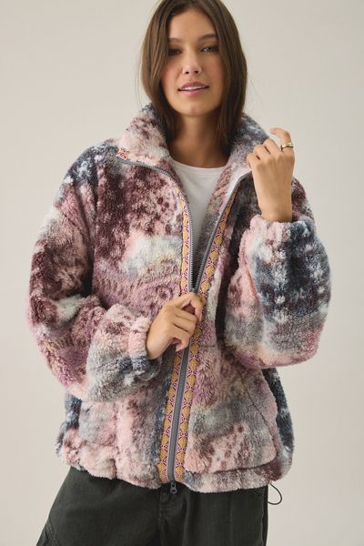BDG Mae Printed Piled Fleece Zip-Up Jacket