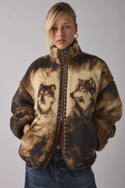 BDG Mae Printed Piled Fleece Zip-Up Jacket
