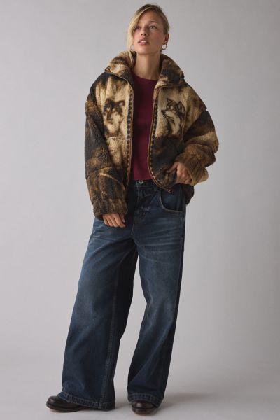 BDG Mae Printed Piled Fleece Zip-Up Jacket