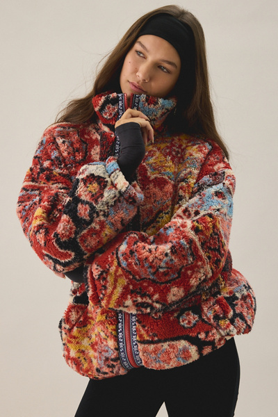 BDG Mae Printed Piled Fleece Zip-Up Jacket in Red, Women's at Urban Outfitters
