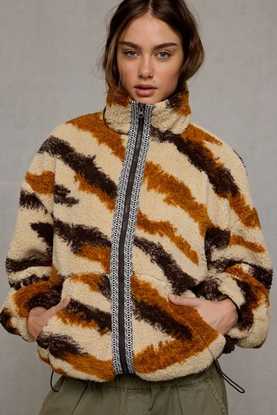 BDG Mae Printed Piled Fleece Zip-Up Jacket