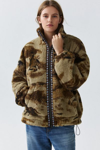 BDG Mae Printed Piled Fleece Zip-Up Jacket