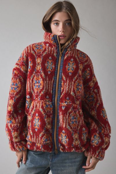 Bdg Mae Printed Piled Fleece Zip-up Jacket In Mini Geo, Women's At Urban Outfitters In Multi