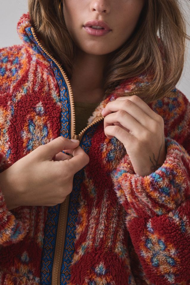 BDG Mae Printed Piled Fleece Zip-Up Jacket