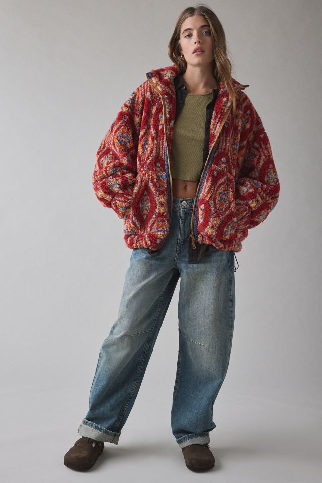 BDG Mae Printed Piled Fleece Zip-Up Jacket