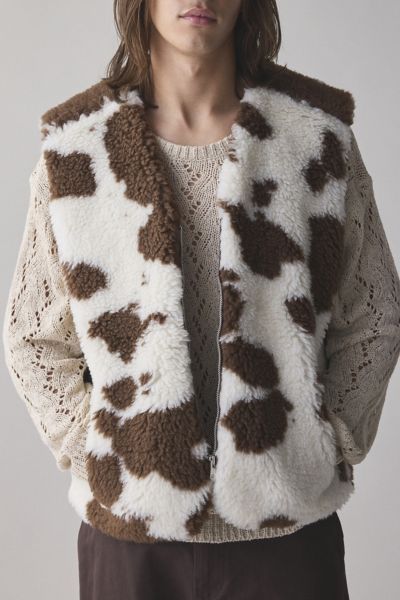 LC23 Cow Print Faux Fur Zip Front Vest