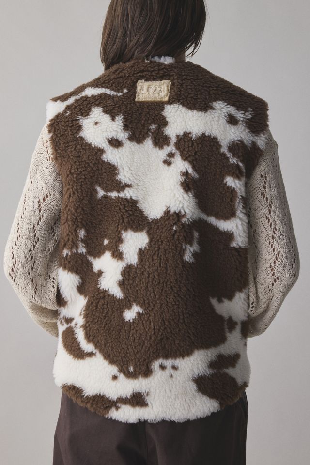 LC23 Cow Print Faux Fur Zip Front Vest #2
