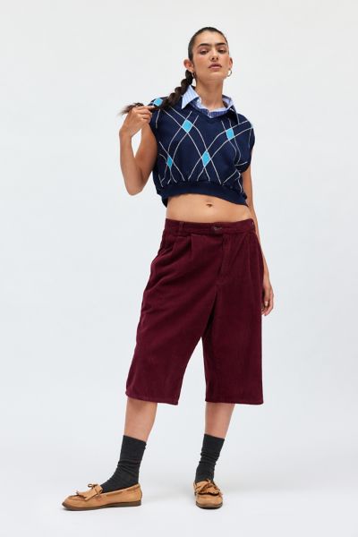 Urban Renewal Remade Overdye Corduroy Jort In Dark Red, Women's At Urban Outfitters In Dark Red