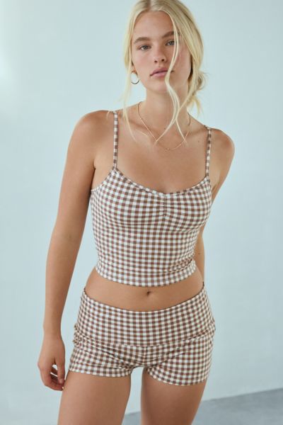 Out From Under Bec Pinch Front Fitted Cami In Brown Gingham, Women's At Urban Outfitters In Brown Gingham