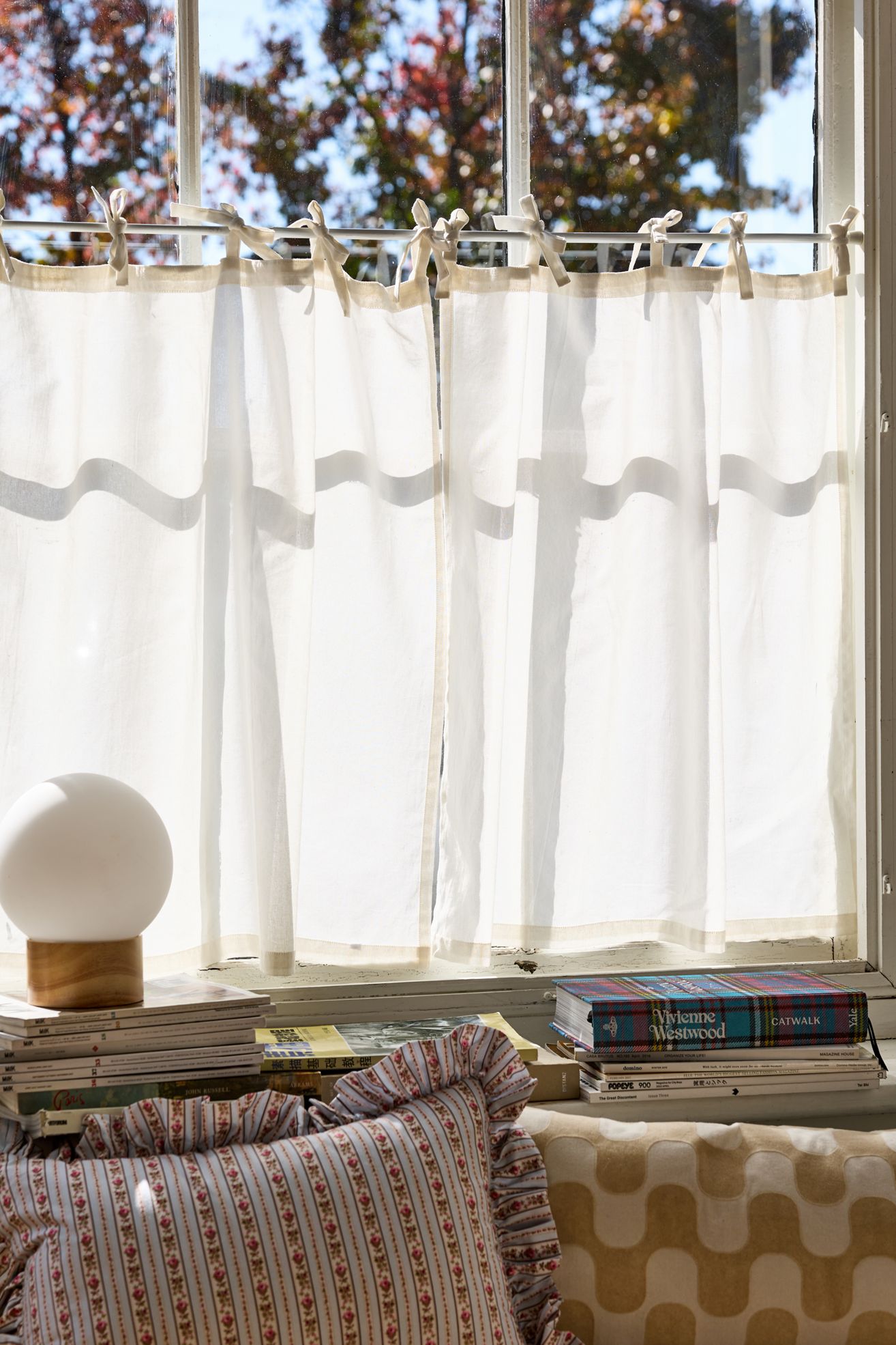 Skinny Tie Top Solid Café Curtain Set - Optic White, ONE SIZE