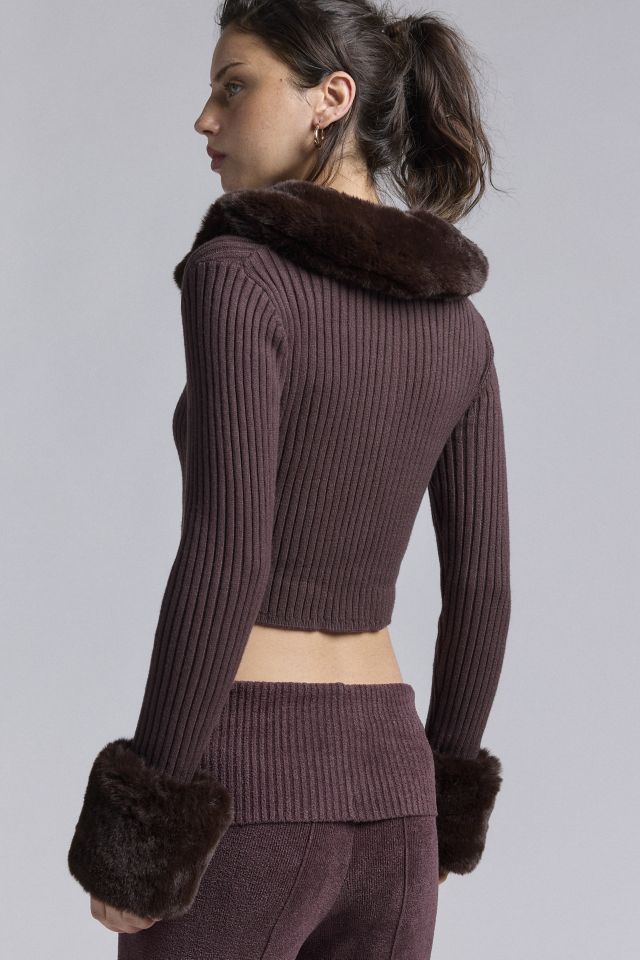 House Of Sunny Chocolate Peggy Faux Fur Trim Zip-Up Sweater #3