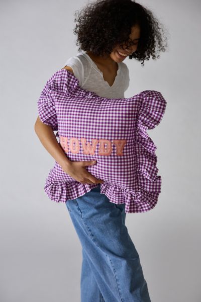 Gingham Howdy Slogan Text Ruffle Throw Pillow
