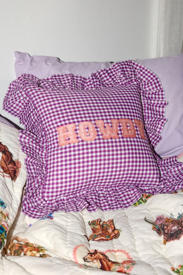Gingham Howdy Slogan Text Ruffle Throw Pillow #3