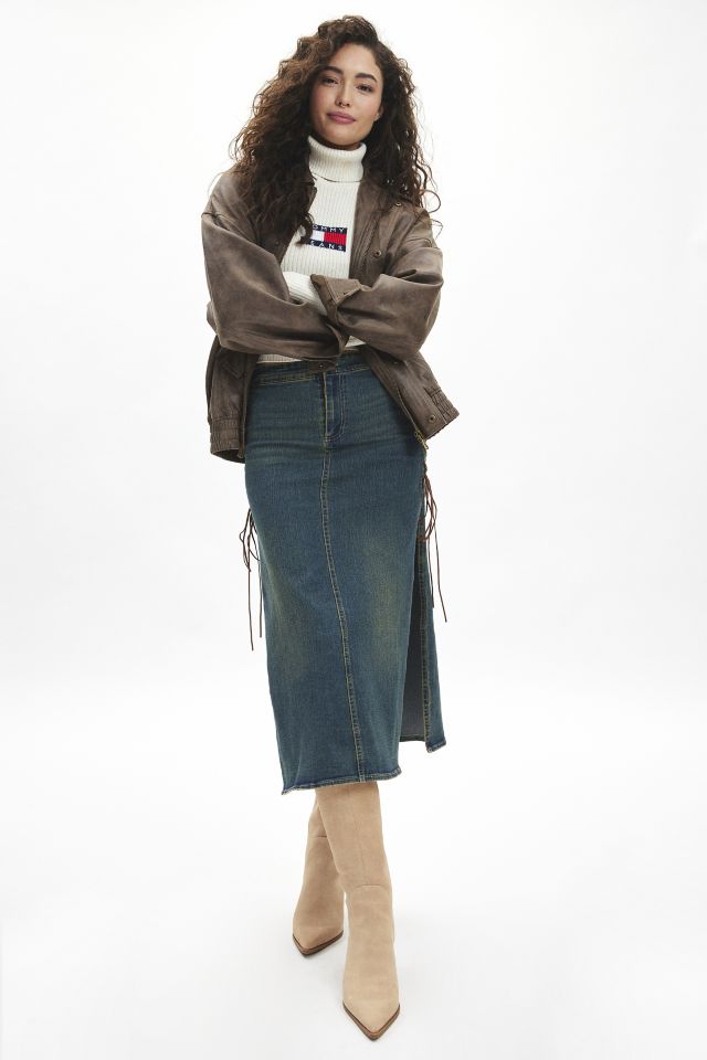 Silence + Noise Calie Lace Up Denim Midi Skirt #3
