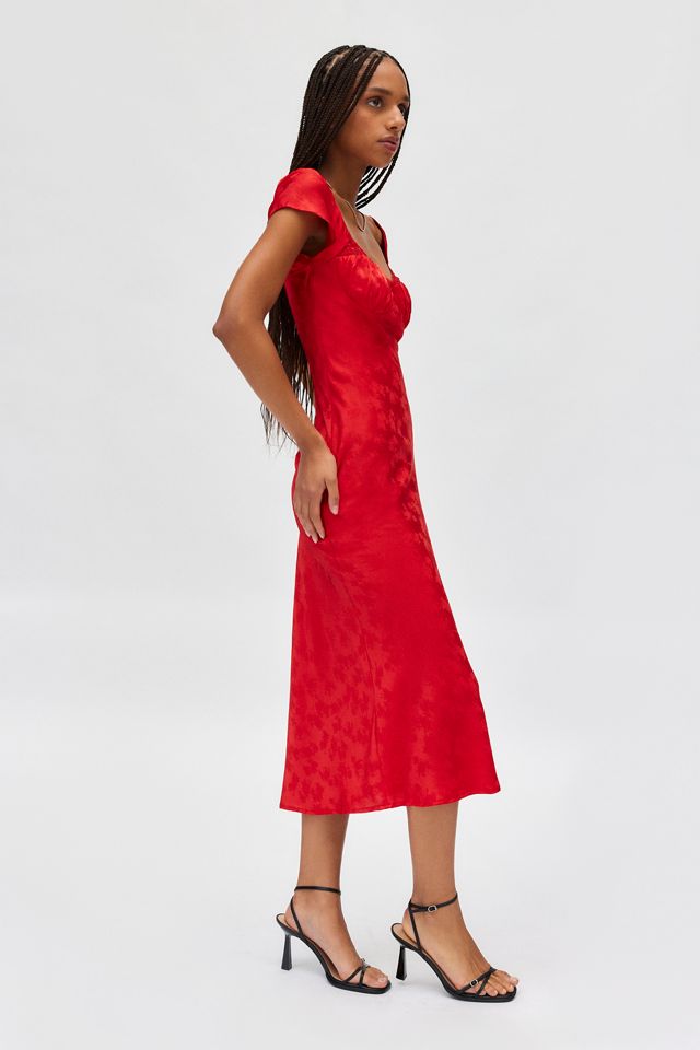 red floral jacquard lace up back midi dress Hlne red floral-jacquard midi dress
