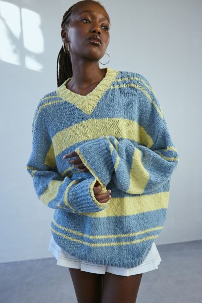 BDG Van Striped Oversized V-Neck Dad Sweater