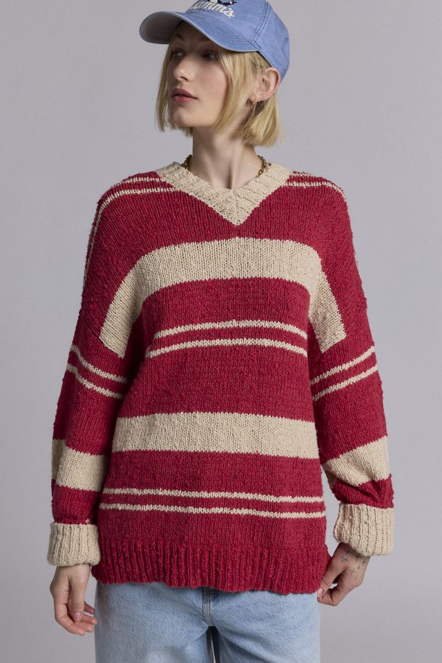 BDG Van Striped Oversized V-Neck Dad Sweater