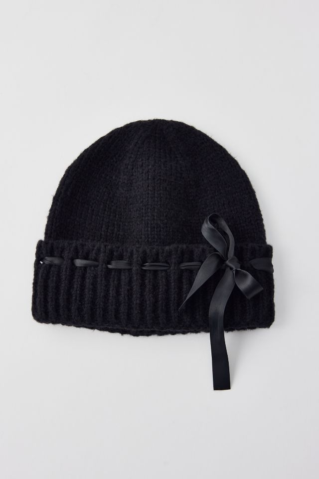 Black tulle bow top embellished black beanie