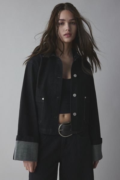 BDG SHELLY BOXY DENIM CHORE JACKET IN BLACK, WOMEN'S AT URBAN OUTFITTERS 