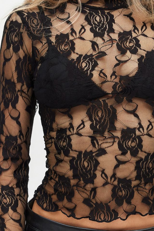 Out From Under Clarise Sheer Rose Floral Lace Turtleneck Top #2
