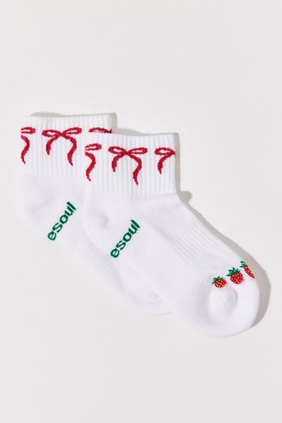 Shop Doublesoul Uo Exclusive Bow Strawberry Quarter Crew Sock In White, Women's At Urban Outfitters