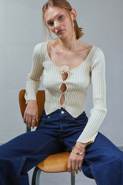 Kimchi Blue Sawyer Ribbed Knit Cardigan In White, Women's At Urban Outfitters In White