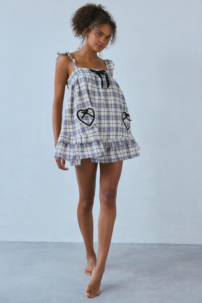 Urban 2024 Outfitters NWOT Textured Navy Plaid Short Sleeve Babydoll Smock Dress, Med