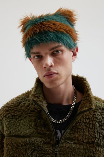 Urban Outfitters Mylo Hairy Stripe Faux Fur Beanie In Brown, Men's At  In Brown