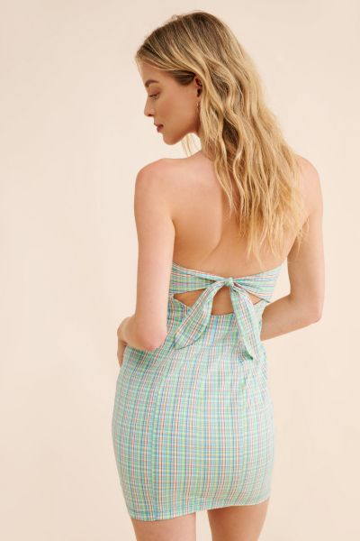BDG Plaid Bow-Back Strapless Mini Dress