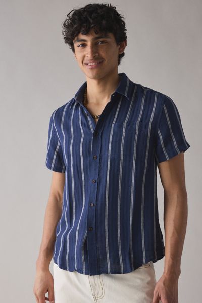 Shop Katin Alan Striped Short Sleeve Shirt Top In Indigo, Men's At Urban Outfitters