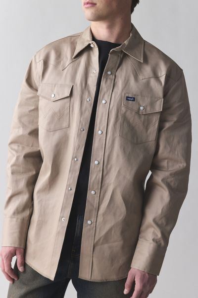 Wrangler Twill Western Work Shirt Top In Sand, Men's At Urban Outfitters In Sand