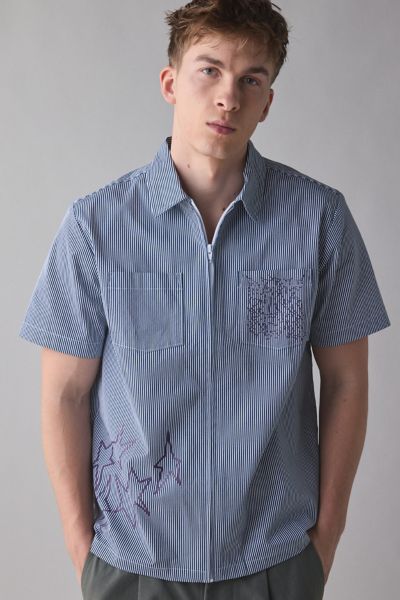 ☆STUSSY ステューシー　スカル柄刺繍　シャンブレーBDシャツ USA製☆ レア 90s USA製 STUSSY ステューシー スカル柄 総柄プリント