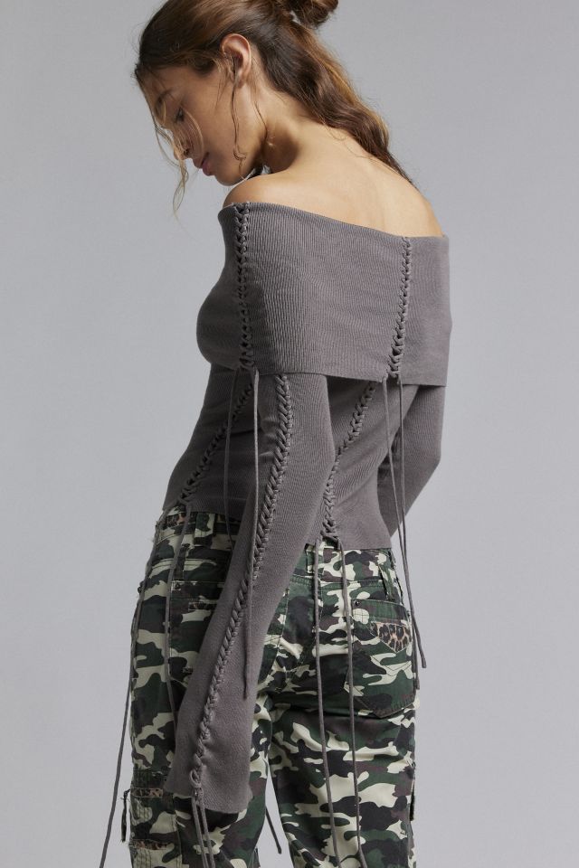トップス Jaded London Taupstray knit Jaded London Extreme Fold Over Lace Up Knit Top in Charcoal