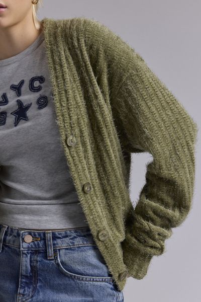 Urban Renewal Remnants Textured Fuzzy Knit Oversized Cardigan In Green, Women's At Urban Outfitters In Green