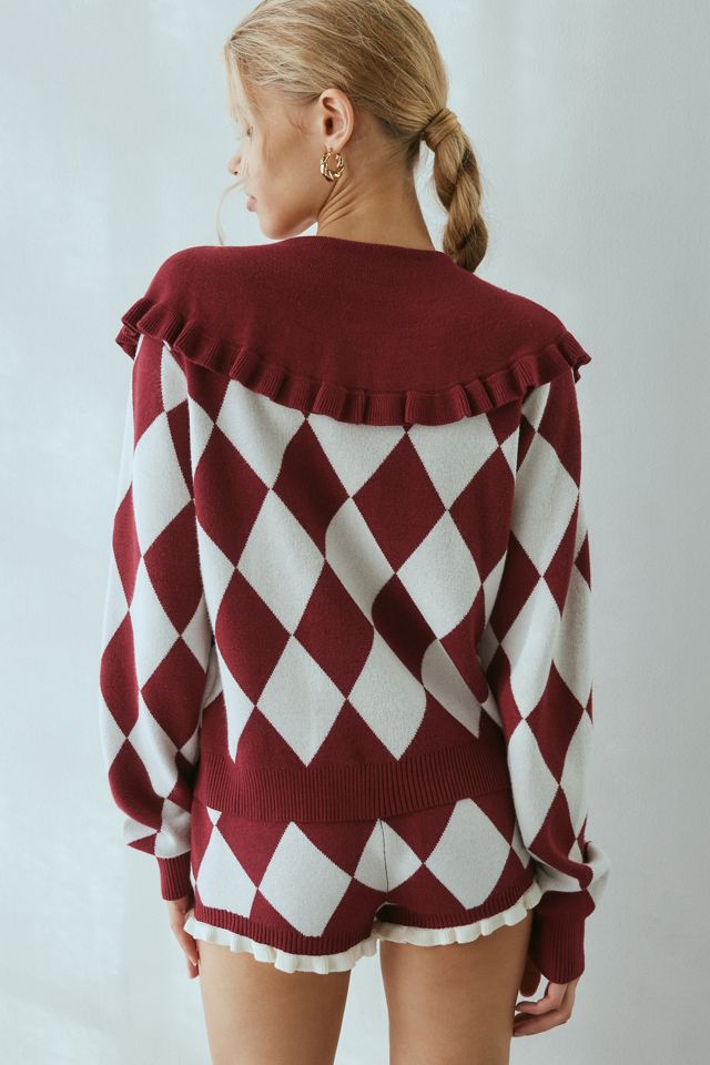 Neon Rose Harlequin Knit Ruffle Collar Cardigan | Urban Outfitters