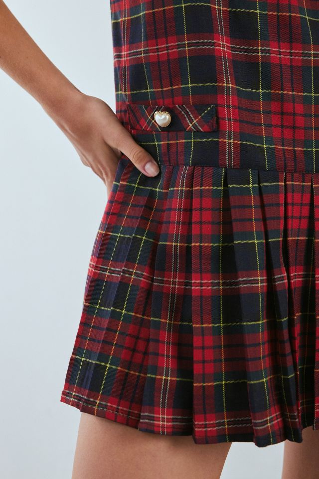 Neon Rose Red Check Plaid Pinafore Mini Dress #2