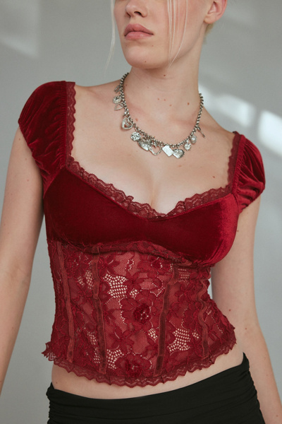 Kimchi Blue Elvira Velvet + Lace Puff Sleeve Blouse In Red, Women's At Urban Outfitters In Red