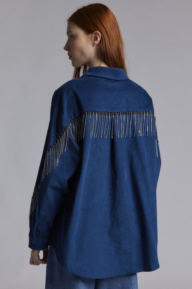 Ghospell Carmen Rhinestone Fringe Embellished Corduroy Shirt #1
