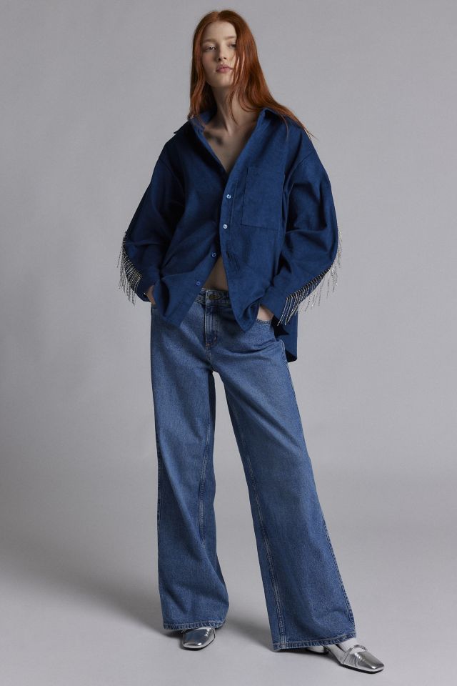 Ghospell Carmen Rhinestone Fringe Embellished Corduroy Shirt #3
