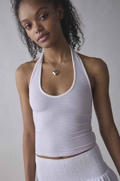 BDG JOANNA RIBBED KNIT HALTER TOP IN LAVENDER STRIPE, WOMEN'S AT URBAN OUTFITTERS 