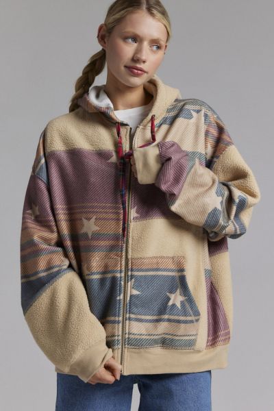 BDG Hunter Patchwork Fleece Zip Up Hoodie Sweatshirt | Urban
