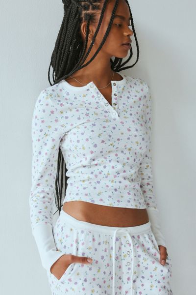 FRANKIES BIKINIS NATE WAFFLE KNIT HENLEY TOP IN PICNIC BLANKET, WOMEN'S AT URBAN OUTFITTERS