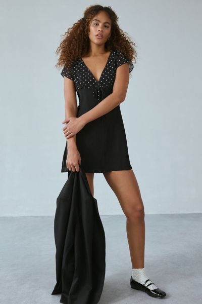 MOTEL LOVITA POLKA DOT MINI DRESS IN BLACK/WHITE, WOMEN'S AT URBAN OUTFITTERS 