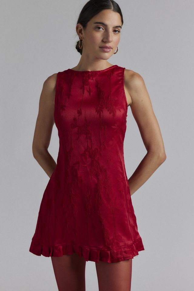 Motel Benian Red Satin Floral Jacquard Mini Dress | Urban Outfitters Canada