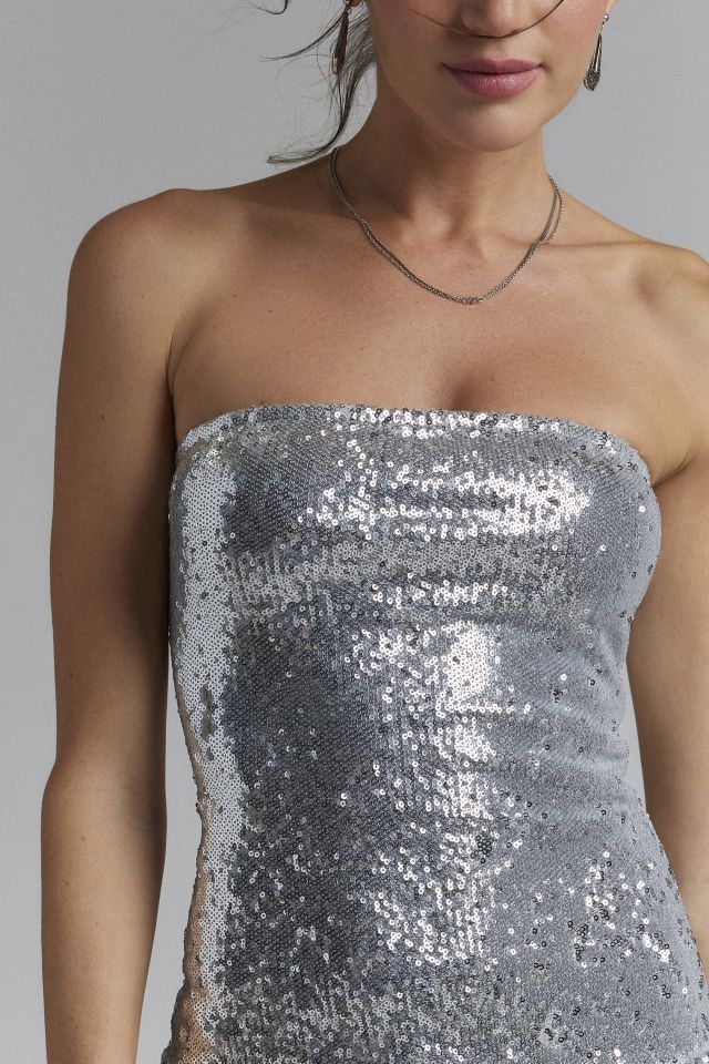Motel Rone Silver Chrome Sequin Drop Waist Mini Dress #1