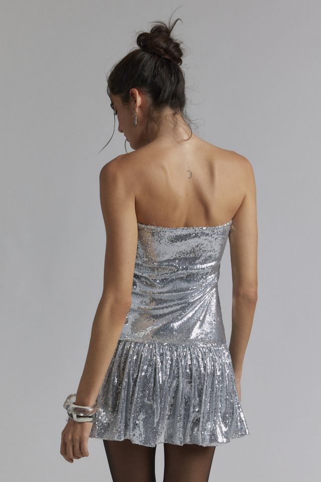 Motel Rone Silver Chrome Sequin Drop Waist Mini Dress #2